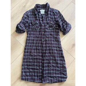 American Colors Flannel Shirt Dress XS Plaid Roll Tab Sleeve‎ Casual